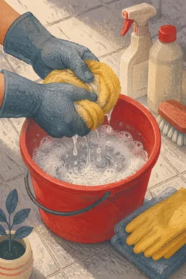 Spring Cleaning Bucket and Supplies Close-Up