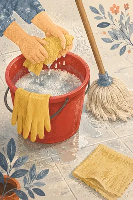 Spring Cleaning Bucket and Yellow Gloves