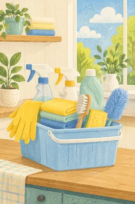 Spring Cleaning Bucket on Sunny Counter
