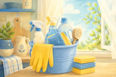 Spring Cleaning Bucket on Sunlit Counter