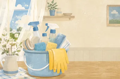 Spring Cleaning Supplies in Sunlit Kitchen