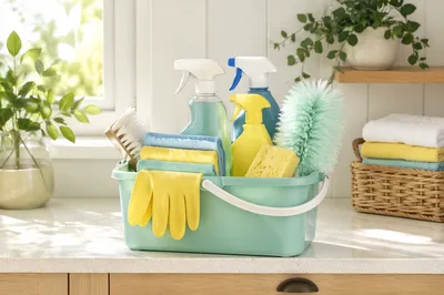 Spring Cleaning Supplies in Sunny Kitchen