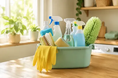 Spring Cleaning Supplies in Organized Bucket