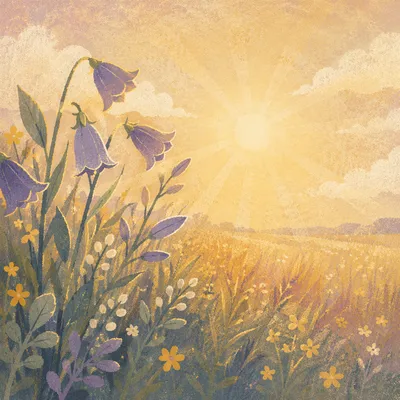 Spring Equinox Meadow with Purple Wildflowers
