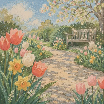 Spring Garden Daffodils and Tulips Blooming