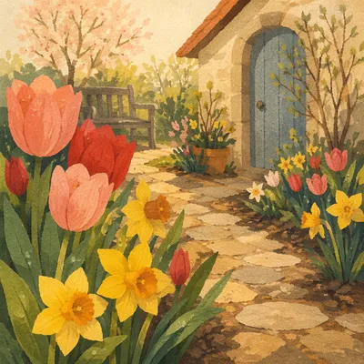 Spring Garden Daffodils and Tulips in Bloom