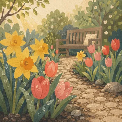 Spring Garden Daffodils and Tulips Blooming