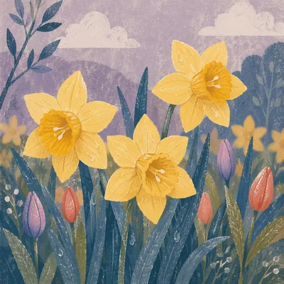 Spring Garden Daffodils with Emerging Tulips