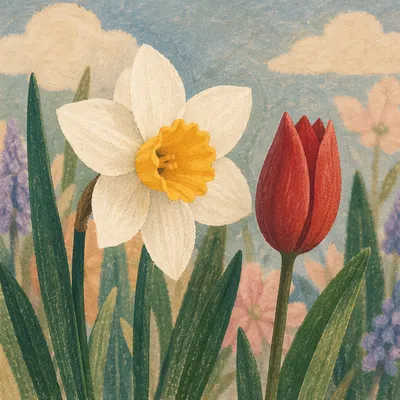 Spring Garden Daffodil and Red Tulip