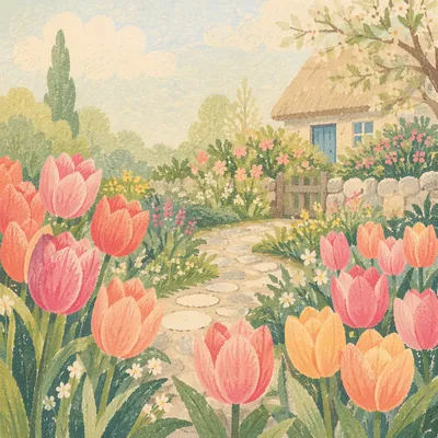 Blooming Spring Garden with Daffodils and Tulips