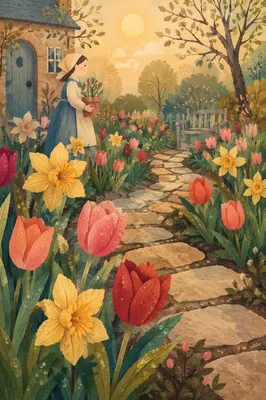 Spring Garden Daffodils and Tulips in Bloom