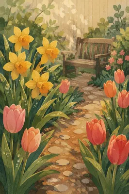 Spring Garden Daffodils and Tulips in Bloom