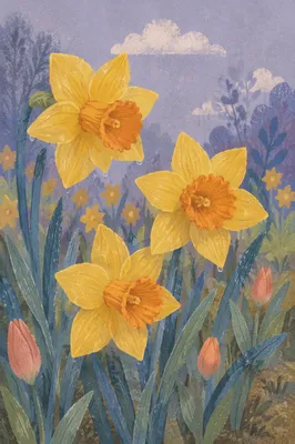 Spring Garden Daffodils and Tulip Buds