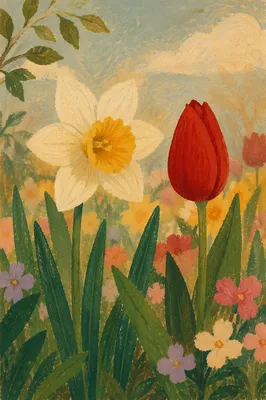 Spring Garden Daffodil and Red Tulip