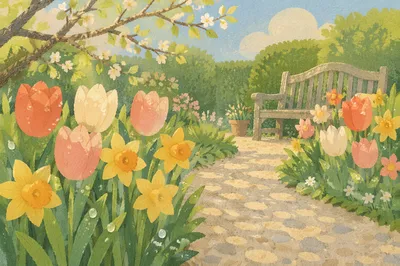 Spring Garden Daffodils and Tulips in Bloom