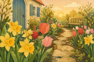 Spring Garden Daffodils and Tulips in Bloom