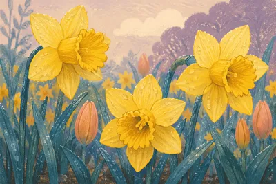 Spring Garden Daffodils with Emerging Tulips