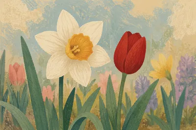 Spring Garden Daffodil and Red Tulip