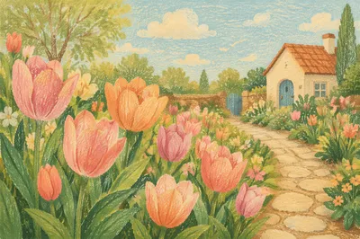 Spring Garden with Daffodils and Tulips