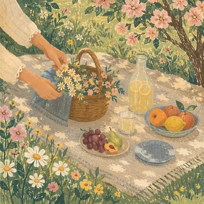 Spring Picnic Blanket with Flowers Basket