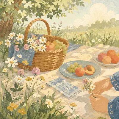 Spring Picnic Blanket with Flowers and Basket