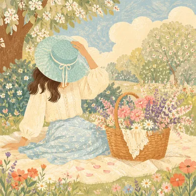 Spring Picnic with Flowers and Basket