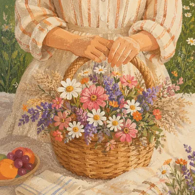 Spring Picnic Basket with Wildflowers