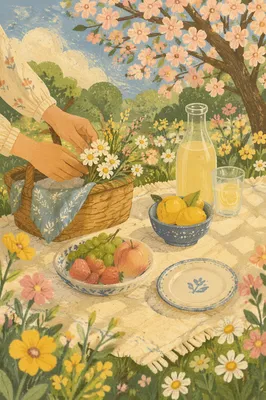 Spring Picnic Blanket with Flowers and Basket