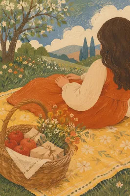 Sunny Spring Picnic with Flowers Basket