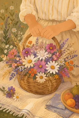 Spring Picnic Basket with Wildflowers
