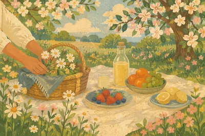 Spring Picnic Blanket with Flowers and Basket