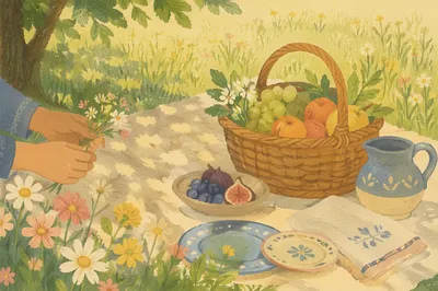 Spring Picnic Meadow with Flowers and Basket