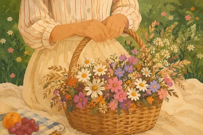Spring Picnic Basket with Wildflowers