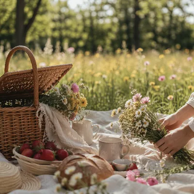 Spring Picnic Blanket with Flowers and Basket