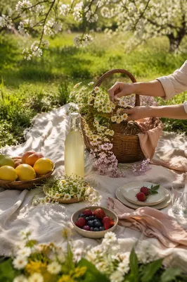 Spring Picnic Blanket with Flowers and Basket