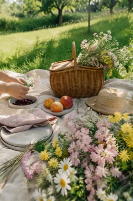 Spring Picnic Meadow with Flowers and Basket