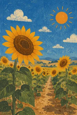 Bright Summer Sunflower Field Under Blue Sky