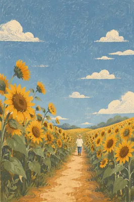 Bright Summer Sunflower Field Under Blue Sky
