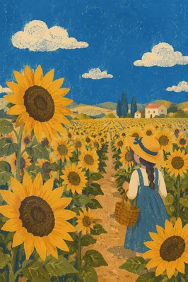 Bright Summer Sunflower Field Under Blue Sky