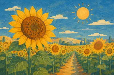Bright Summer Sunflower Field Under Blue Sky