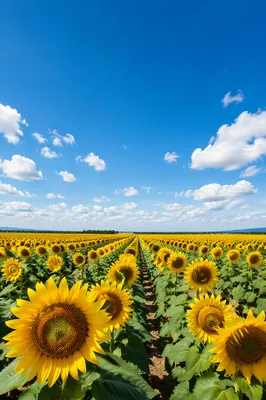 Bright Summer Sunflower Field Under Blue Sky