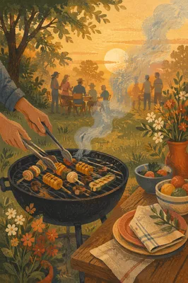 Golden Hour Backyard Barbecue Smoke Scene