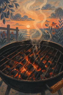 Sunset Barbecue Grill with Glowing Embers