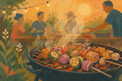 Golden Hour Backyard Barbecue Smoke Scene