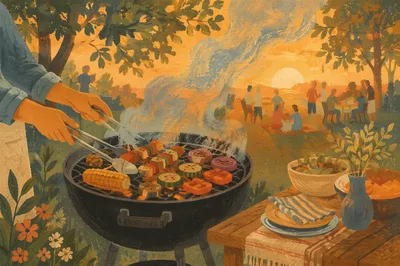Golden Hour Backyard Barbecue Smoke Scene