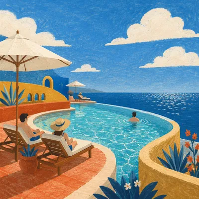 Sunny Resort Pool Overlooking Blue Ocean
