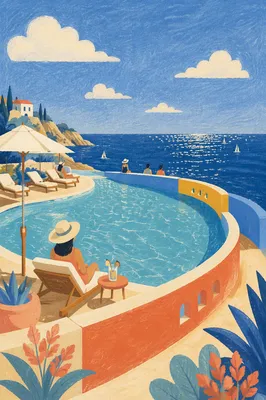 Sunny Resort Pool Overlooking Blue Ocean