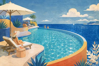 Sunny Infinity Pool Over Ocean Horizon