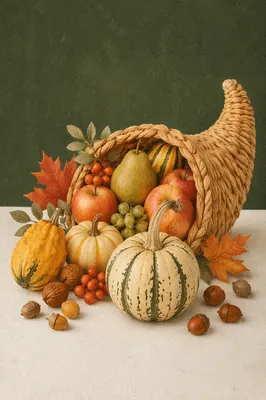 Thanksgiving Cornucopia with Autumn Harvest Still Life