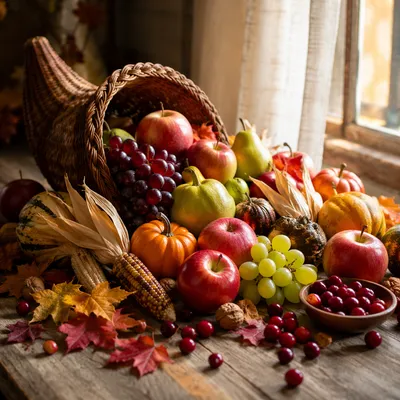 Thanksgiving Cornucopia with Autumn Harvest Fruits